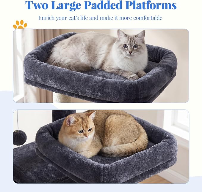 Hey-brother Cat Tree, 74 inches Multi-Level XL Large Cat Tower for Indoor Cats with Three Cat Condos, Two Large Top Decks and Cat Hairbrushfor Kittens, Cats and Pets, Smoky Gray MPJ035-MG