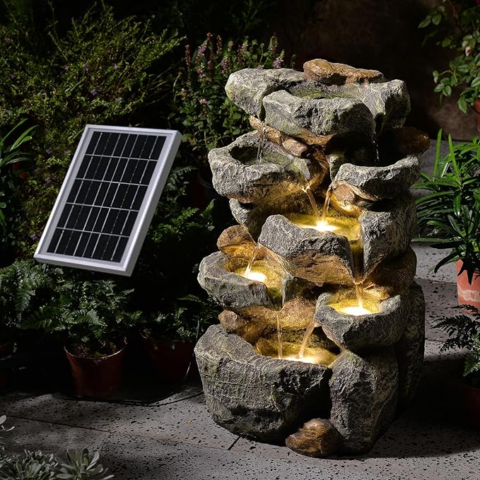 Solar Water Fountain Outdoor Garden,5 Tiered Cascading Rock Solar Powered Water Fountain Water Fall Fountains Outside with Lights for Backyard, Patio, Deck, Porch, 19.3" H x 12.2" L x 9.5" W