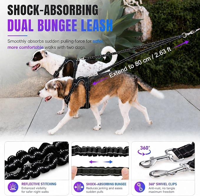 Double Retractable Dog Leash for Two Dogs Up to 50 lbs - 16 ft Coupler Leashes for Small Medium Dogs - One Locked System, Non Slip Grip, Tangle Free (Purple)