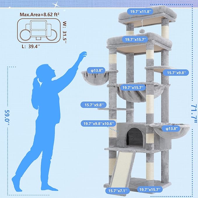 Hey-brother Cat Tree Tower, Scratching Posts with Extra Large Platform and Basket, Specious Condo, 2 Cozy Hammocks, Scratch Board for Indoor Adult Cats, Maine Coon 71.7 inches, Light Gray MPJ080W