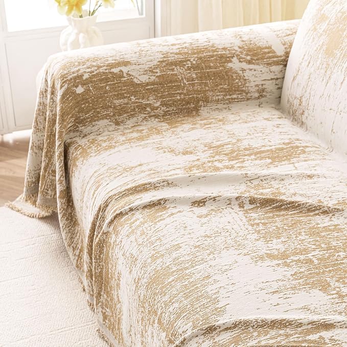hyha Couch Cover for Dogs, Boho Sofa Covers for 3 Cushion Couch Washable, Chenille Sofa Slipcover for Pets, Soft Loveseat Sectional Couch Throw Blankets with Tassels (Khaki/White, 88.5x118 Inch)