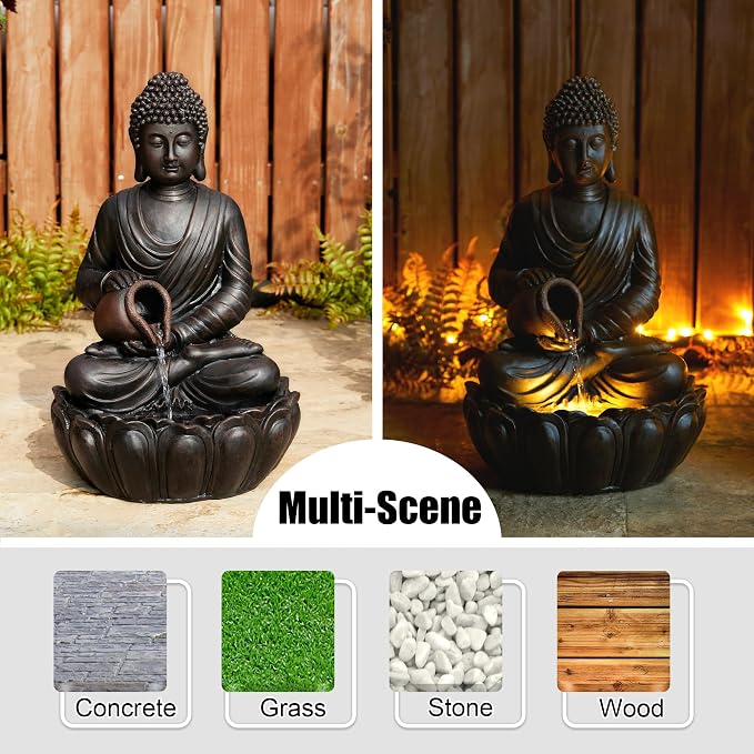Glitzhome Buddha Fountain Outdoor 2 Tier Zen Style Buddha Water Fountains with Pump & LED Light, Buddha Fountains and Waterfalls Outdoor Floor Fountain Buddha Statues for Garden Patio Backyard 20.5"H