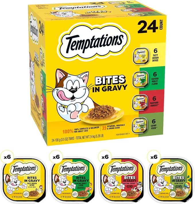 Temptations Bites in Gravy Adult Wet Cat Food Tasty Chicken Entree, Seafood Medley, Backyard Cookout, and Catnip Fever, 3.5 oz. Trays (24 Count, Pack of 1)