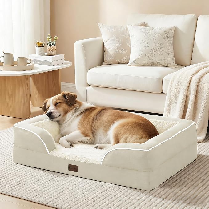 Orthopedic Dog Beds for Large Sized Dogs 36x27 Inch, Waterproof Egg Crate Foam Dog Sofa Bed with Removable Washable Cover Big Pet Couch with Bolster & Non-Slip Bottom, Beige