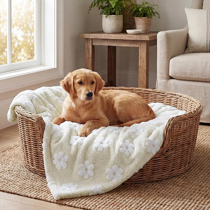 Horaldaily Pets Flannel Blanket, Beige Flowers 3D Textured Soft Fuzzy Fluffy Plush Cozy Fleece Premium Blankets for Dog Cat Puppy Kitten Couch Protection, 16x23