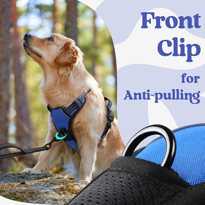 rabbitgoo Dog Harness Medium Sized, No Pull Easy On & Off with 3 Buckles Pet Harness, Adjustable Soft Walking Vest with 2 Clips and Handle, Reflective for Medium Dogs, Blue, M