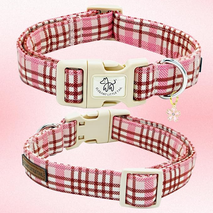Elegant little tail Dog Collar-Cute Dog Pet Collars Pink Plaid Print Puppy Adjustable Soft Cotton Girl Boy Collars for Small Medium Large Dogs, Medium