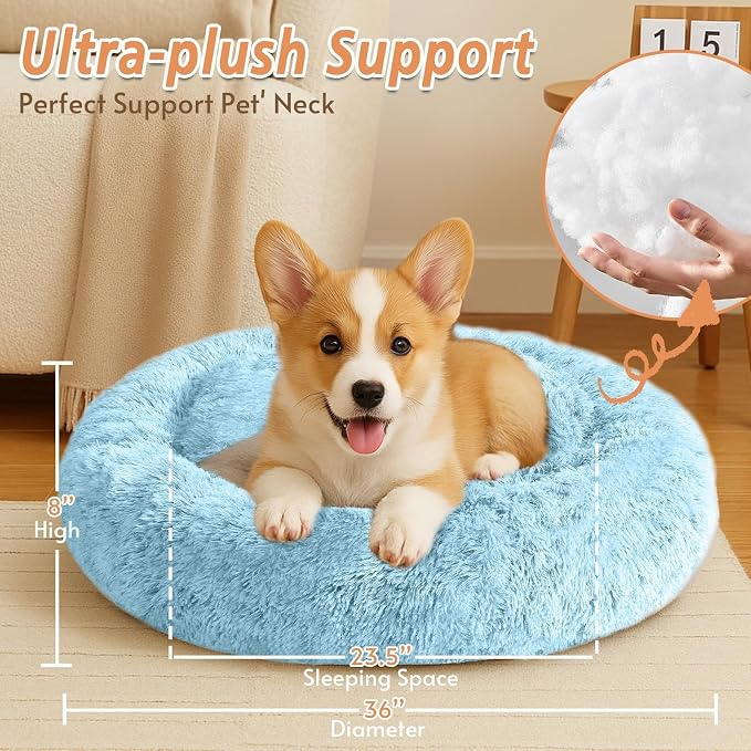 JOLLYVOGUE Calming Dog Beds Large Sized Dog, 36in Donut Washable Large Pet Bed, Anti-Slip & Anti-Anxiety Fluffy Faux Fur Round Dogs Bed, Fits up to 80 lbs Pets (Light Blue)