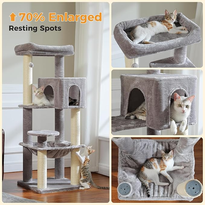 MUTTROS Large Cat Tree with Reinforced Scratching Posts (φ3.7in) for Big Adult Cats 30 lbs, 57.8" Heavy Duty Cat Tower with Larger Hammock and Condo, Cat Furniture for Maine Coon, Plush,Grey
