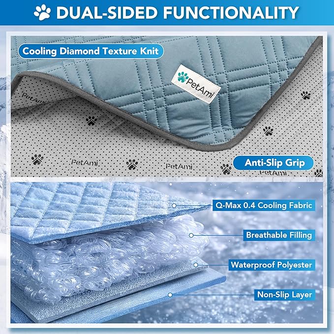 PetAmi Dog Cooling Mat, Waterproof Self Cooling Dog Pad with Non-Slip Backing, Q-Max >4.0 Pet Cooling Mat for Crate, Couch, Kennel & Car, Indoor Outdoor Summer Use, Light Blue, 40x60