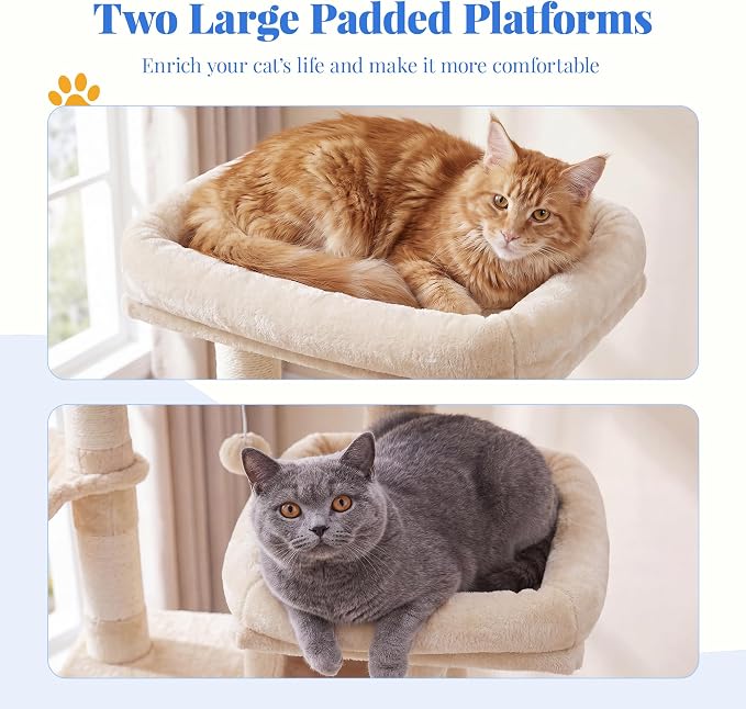 Hey-brother Cat Tree, 74 inches Multi-Level XL Large Cat Tower for Indoor Cats with Three Cat Condos, Two Large Top Decks and Cat Hairbrushfor Kittens, Cats and Pets, Beige MPJ035-MM