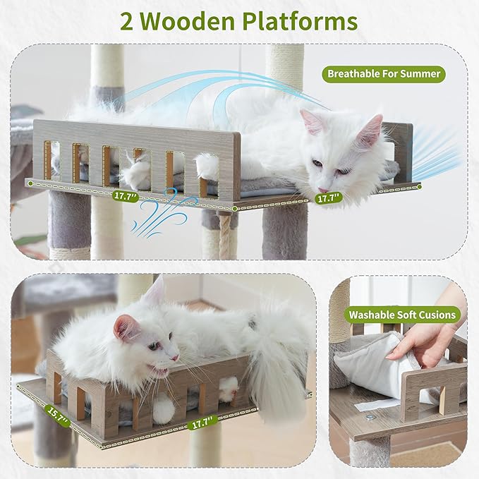 Gitelsnour Maine Coon Cat Tree, Heavy Duty Cat Tree for Indoor Cats Large Adult, Cat Tower for Large Cats 20 lbs+ with Hammock, 2 Big Perches, 2 Cat Condos, 15 Scratching Posts, Light Gray GCT033W