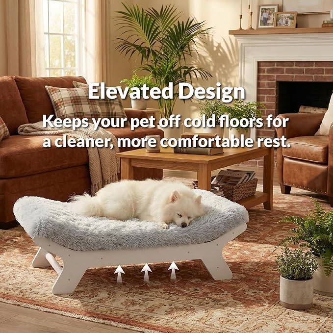 Muihood Wood Elevated Dog Bed Frame and Egg Crate Foam Mattress, Luxurious Suitable for Pets Up to 60 lbs, Walnut Grain Pattern, M