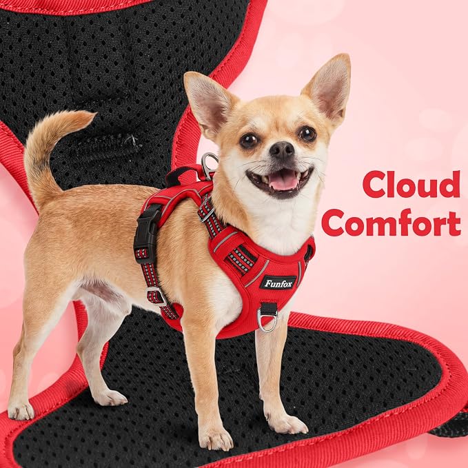 Funfox Dog Harness No Pull, Adjustable Pet Vest Harness, Super Soft Material with Vertical Handle Easy Control, Reflective Night Walking, 2 Leash Clips for Small Sized Dogs, Red, S