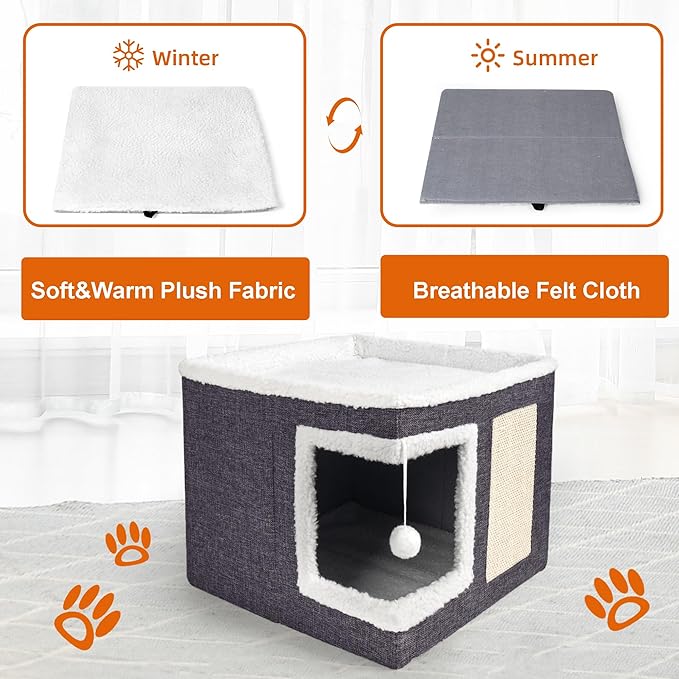 Loyareal Cat Houses for Indoor Cats - Large Cat Bed Cave with Scratch Pad and Fluffy Ball, Foldable Cat Condo Hideaway with Reversible Cushion for Multi Small Pet, Dark Grey