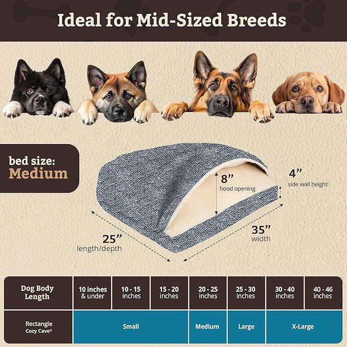 Snoozer Rectangle Cozy Cave Dog Bed - Indoor Dog Bed with Cover Cave, Covered Calming Burrow for Small & Medium Sized Pets with Blanket Attached, Enclosed, Washable Cover - Medium, Palmer Indigo