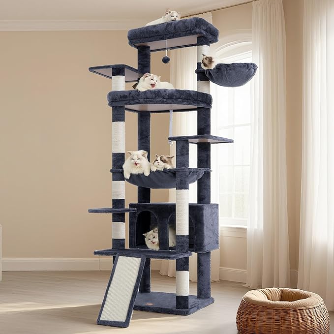 Heybly Tall Cat Tree for Large Cat, 80-inch Multi-Level Cat Tower for Indoor Cats with Large Baseboard, Condo Furniture with 2 Widened Plush Perches,Scratching Board and Big Caves, Smoky Gray HCT038G