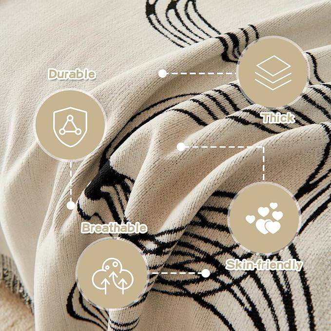 MEETSKY Boho Couch Cover Sofa Covers, Chenille Black Line Couch Covers for 2 Cushion Couch Sofa for Dogs, Washable Slipcover for Cat Sofa Protector with Tassels,71" x 118"