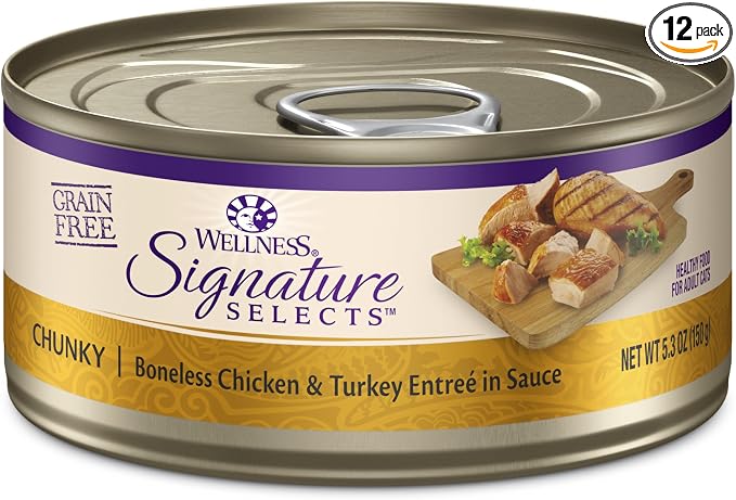 Wellness CORE Signature Selects Chunky Adult Canned Wet Cat Food, Natural, Protein Rich, Grain Free, Chicken and Turkey Entrée Recipe, 5.3 oz, Pack of 12 Cans