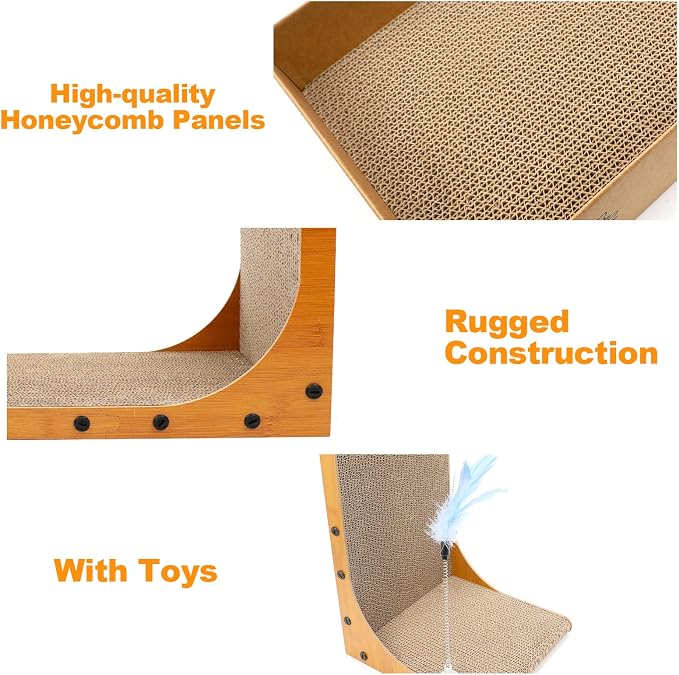 Goosheep 22in L-Shaped Cat Scratcher 2-in1 Scratching Board for Indoor Cats Protecting Furniture Cardboard Box Scratch Pad, Scratching Posts with Feathered Toy
