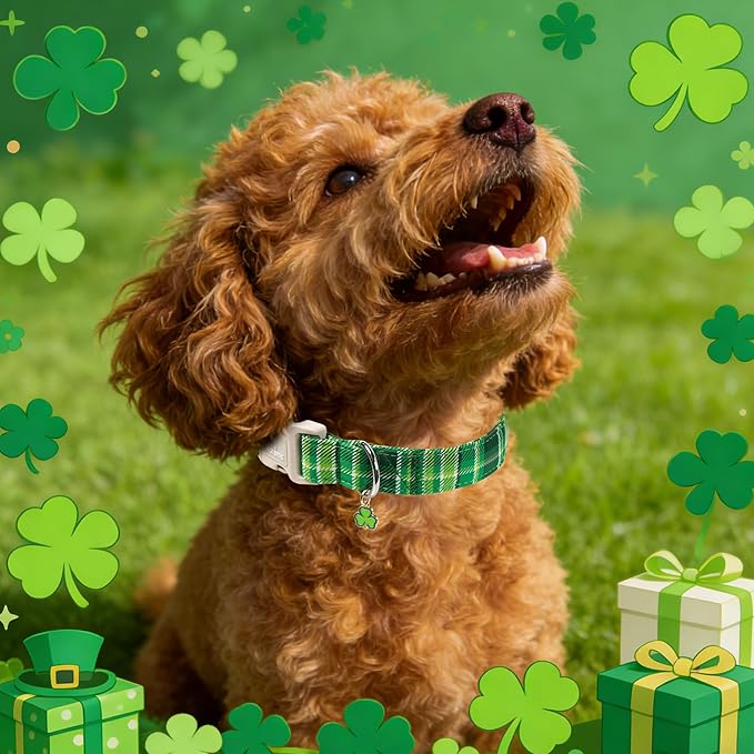 Maca Bates Spring Green Dog Collar with Clover Charm,Irish Plaid Pattern for Extra Large Girl Boy Dogs, Adjustable Durable Soft Gingham Collars for Male Female Puppy