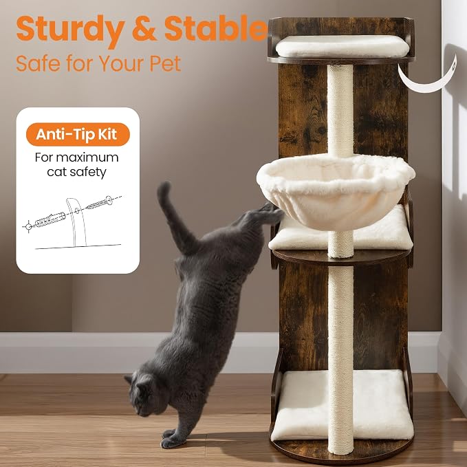 Modern Wood Cat Tree Tower for Indoor Large Cats, Cat Scratching Posts with Big Perch Bed, 44.8" Tall Multi-Level Wooden Cat Condo with Hammock, Removable Pads, Kitty Furniture, Rustic Brown