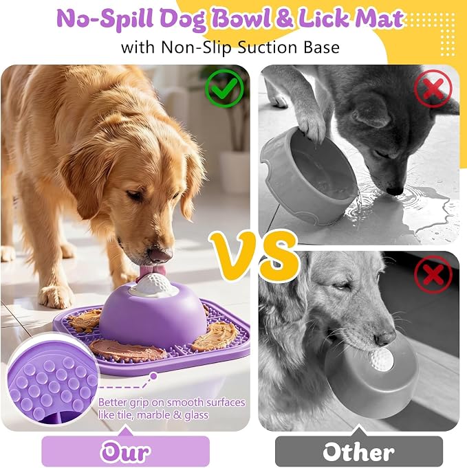 Slow Feeder Dog Bowls & Lick Mat for Liquid and Thick Treat, Anti-Slip Dog Lick Bowl with Interactive Rolling Ball, 5/6 Cup Pup Licking Toy for Large Medium Small Dogs and Cats Purple