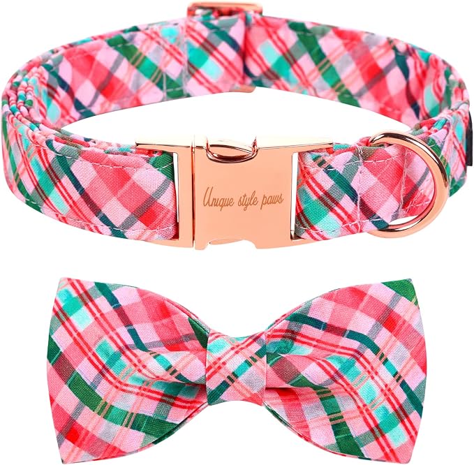 Unique style paws Dog Collar with Bow Pink & Green Plaid Dog Collar Best Gifts for Small Medium Large Dogs -M