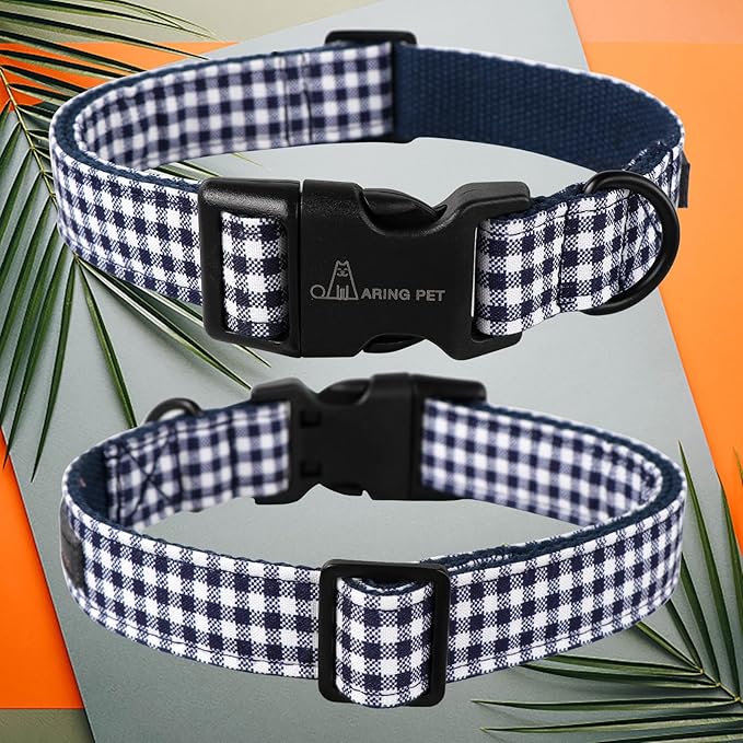 ARING PET Dog Collar, Cute Adjustable Comfortable Cotton Navy White Plaid Pet Collars for Small Medium Large Male Female Boy Girl Dogs-Medium