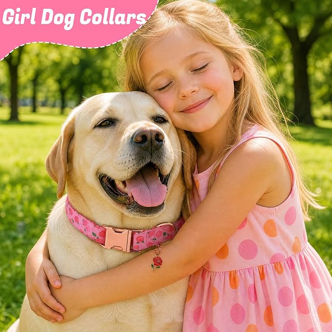 3 Pack Floral Dog Collars for Large Dogs Pink Dog Collar with Flower Pendant for Girl Female Dogs Adjustable Puppy Collars Pet Collar (13.7-21 inch)