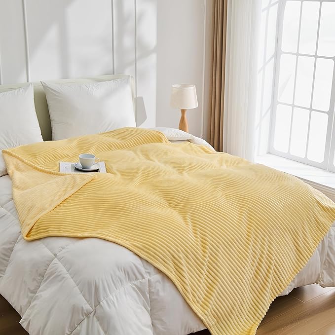 Bnuitland Light Yellow Fleece Throw Blanket for Couch, 300GSM Soft Warm Cozy Fluffy Throw for Adults & Kids, Stripe Pattern 60"x80", All Season Sofa Bed Blanket for Home Decor