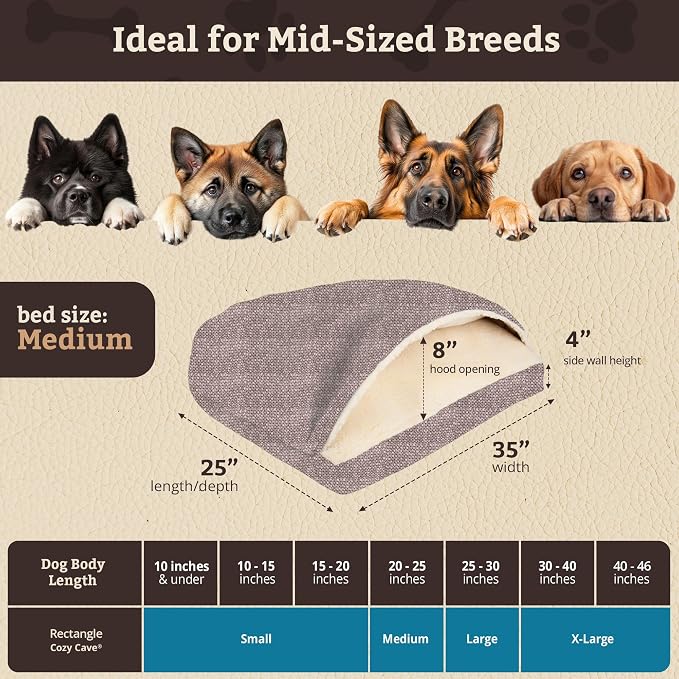 Snoozer Rectangle Cozy Cave Dog Bed - Indoor Dog Bed with Cover Cave, Covered Calming Burrow for Small & Medium Sized Pets with Blanket Attached, Enclosed, Washable Cover - Medium, Merlin Linen