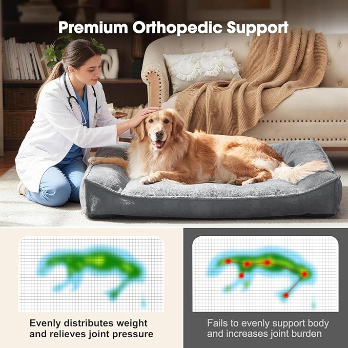 FURTIME XL Orthopedic Dog Beds Large Sized Dog, Extra Thick Supportive Comfort Pet Sofa, Ergonomic Slant Dog Couch with Removable Washable Cover, Ultra Soft Surface & Non-Slip Bottom, Light Grey, 42"