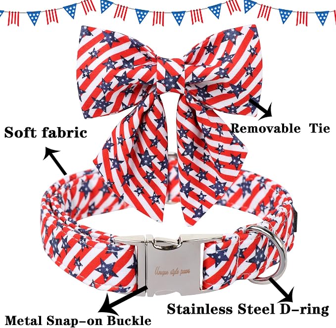 Unique style paws Independence Day Dog Collar with Bowtie Striped Star Puppy Collar for Small Medium Large Boys Girls Dogs