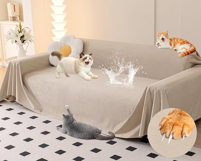 Loiion Cat Scratch Furniture Protector - Ultra Soft, Waterproof Sofa Cover to Keep Cats Off, Pet-Friendly Couch Protectors for Love Seat, Anti-Slip Couch Cover for Pets and Kids 150"X71" Almond