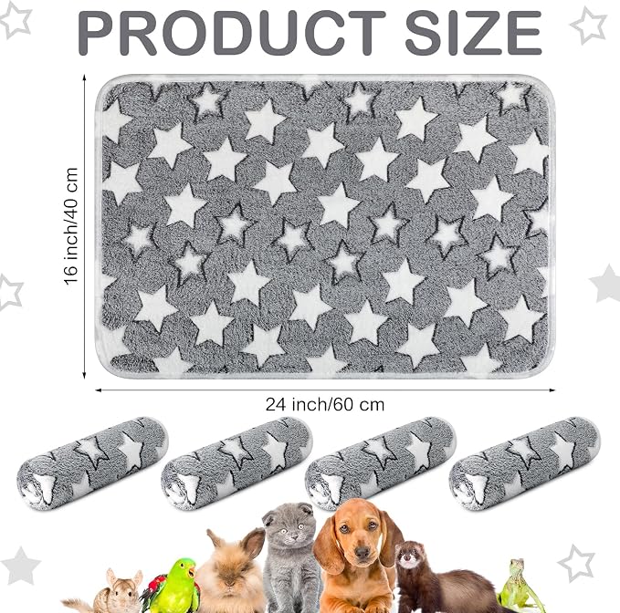 Reginary 4 Pcs Waterproof Guinea Pig Blankets Washable Small Animal Fleece Bedding Absorbent Guinea Pig Cage Liners Reusable Training Pee Pad Pet Sleep Mat for Hamster(Gray Star,24 x 16 Inch)
