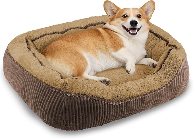 Medium Dog Beds for Medium Small Dogs Washable, Rectangle Dog Bed Medium Size Dog, Orthopedic Warming Soft Calming Sleeping Puppy Bed Durable Pet Bed with Anti-Slip Bottom(Brown,25"x21"x8")