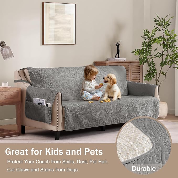 Soft Quilted Couch Cover with Pockets for Extra-Large Sofa, Anti-Slip Sofa Covers Washable for 3 Cushion Pet Friendly, Oversized Sofa Cover Water-Repellent (X-Large Sofa 78", Cool Gray)