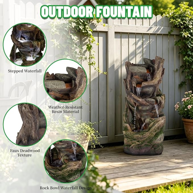 Solarbloom 38.6" H Outdoor Fountains, Multi-Tier Rock Tree Trunk Outdoor Water Fountain with LED Lights, Freestanding Cascading Waterfall for Garden, Patio, Backyard, Porch Decor