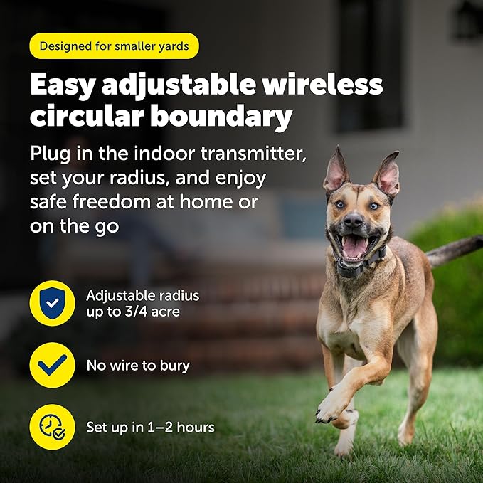 PetSafe Stay & Play Compact Wireless Fence, LCD Screen to Adjust the Circular Boundary, Secure up to 3/4 Acre Area, Use for All Your Pets, Portable System with 50 Extra Flags