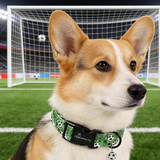 ARING PET Soccer Dog Collar, Cute Green Doggy Collars with Quick Release Buckle for Puppy Small Medium Large Boy Girl Dogs-S