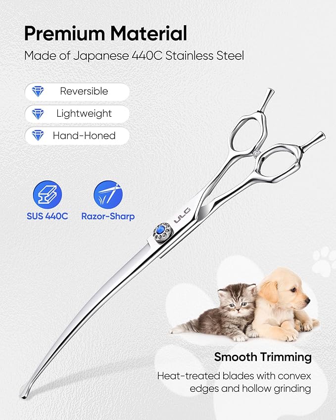 ULG Curved Dog Shears for Grooming, 7 Inch Professional Curved Dog Grooming Scissors for Trimming and Cutting, Japanese Stainless Steel Pet Hair Scissors