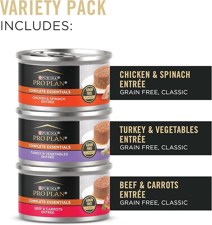 Purina Pro Plan Complete Essentials Chicken, Turkey and Beef Grain Free Wet Cat Food Variety Pack - (24) 3 oz. Cans