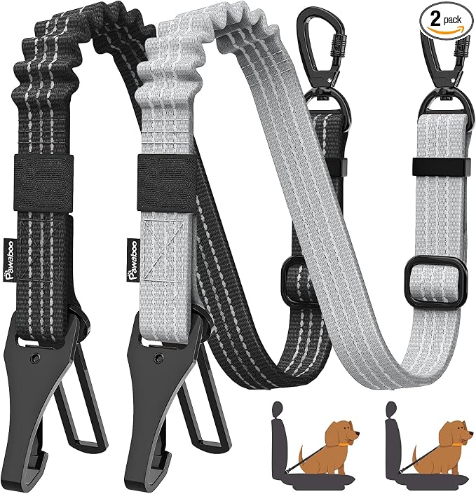 Pawaboo 2Pack Dog Seatbelt for Car, 3-in-1 Dog Car Seat Belt, Shockproof Dogs Tether with Buckle & Hook Latch, Adjustable Reflective Dogs Cars Harness Leash with 360° Lockable Buckle, Gray & Black