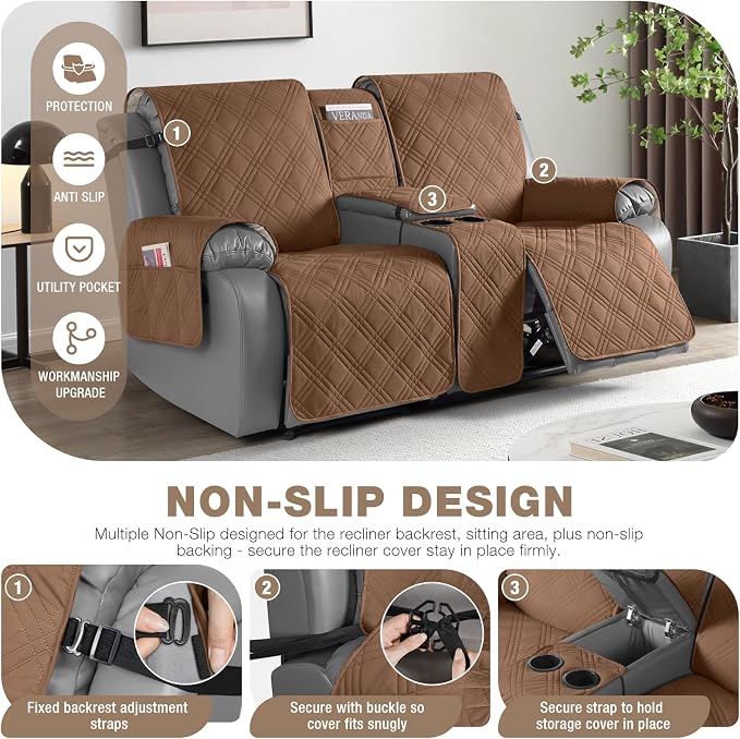 TAOCOCO Loveseat Recliner Cover with Center Console, 100% Waterproof Pet Covers for Dual Recliner with Straps Design, Split Reclining Loveseat Cover Furniture Pet&Kids Protector (2 Seater, Brown)