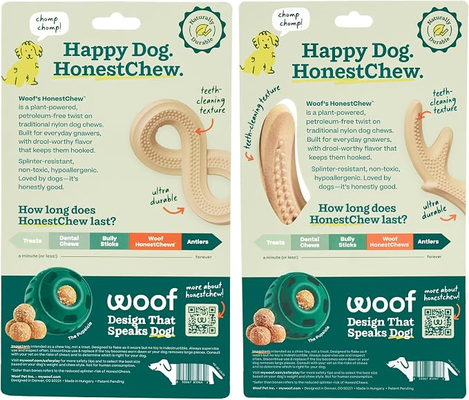 WOOF HonestChew Dog Toy Duo - Durable Dog Chews - Made with Plant-Based Ingredients - Splinter-Resistant - Safer Than Dog Bones - with HonestChew Antler and Infinity - Gift for Dogs - Large