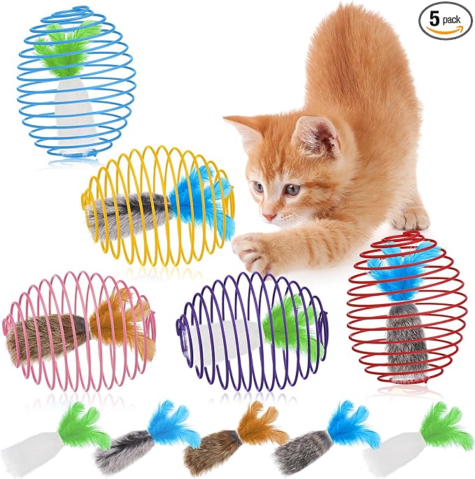 Jecery 5 Pcs Cat Spring Balls Toys Stretchable Rolling Balls Colorful Playful Coils Interactive Action Toy Caged Rats for Kitten Pet Supplies (Feathered Radish,Multicolor)