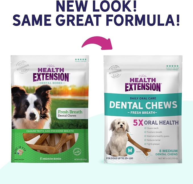 Health Extension Fresh Breath Dental Bones for Dogs, 8 Medium Bones, Freshens Breath, Cleans Teeth, Healthy Gums, Training or Reward, 6 oz Bag (Pack of 1)