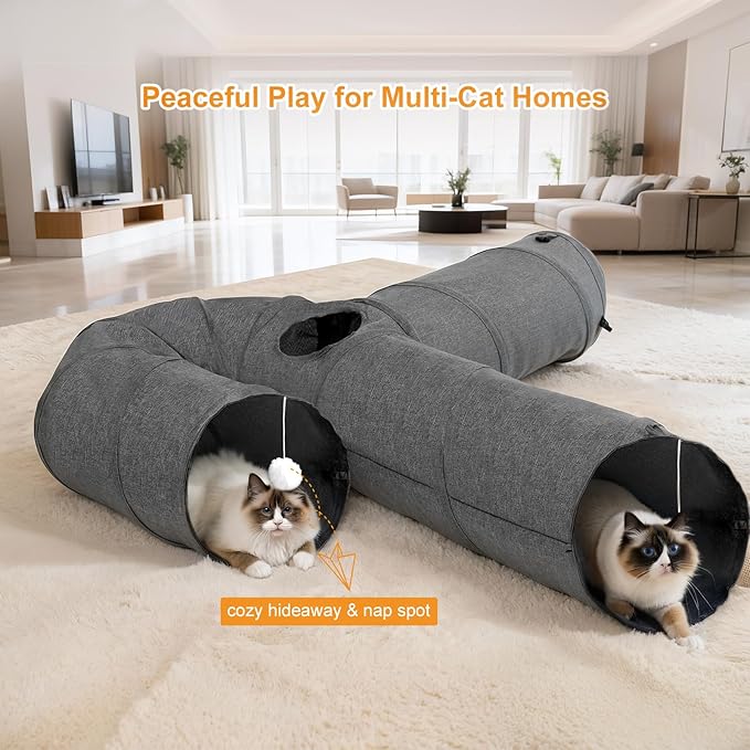 Ownpets Cat Tunnel 12 Inches in Diameter Larger Pet Tunnel Tube with Plush Ball & Feather Toy, U-Shaped Cat Play Tunnel for Big Cat, Puppy and Rabbits