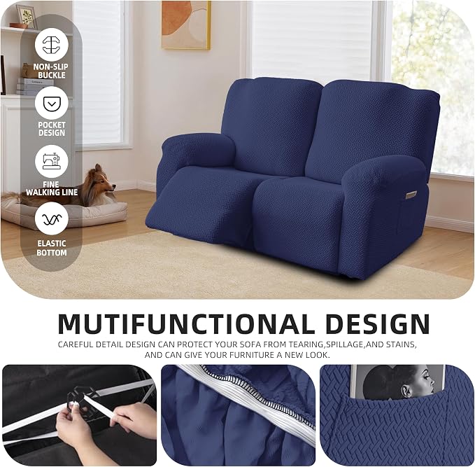 Genina Recliner Loveseat Covers, Stretch Reclining Sofa Covers, 2 Seater Couch Cushion Stripe Jacquard Recliner Slipcovers - Furniture Protector Covers for Pet Kid (Navy Blue)